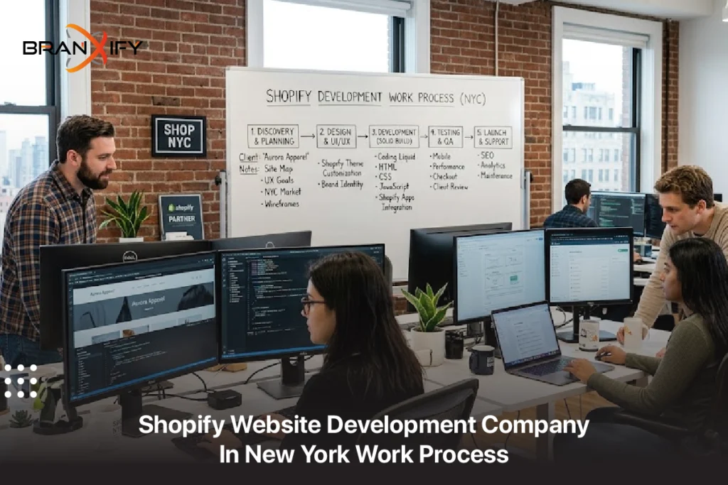 Shopify website development company in New York showcasing ecommerce store development process by Branxify